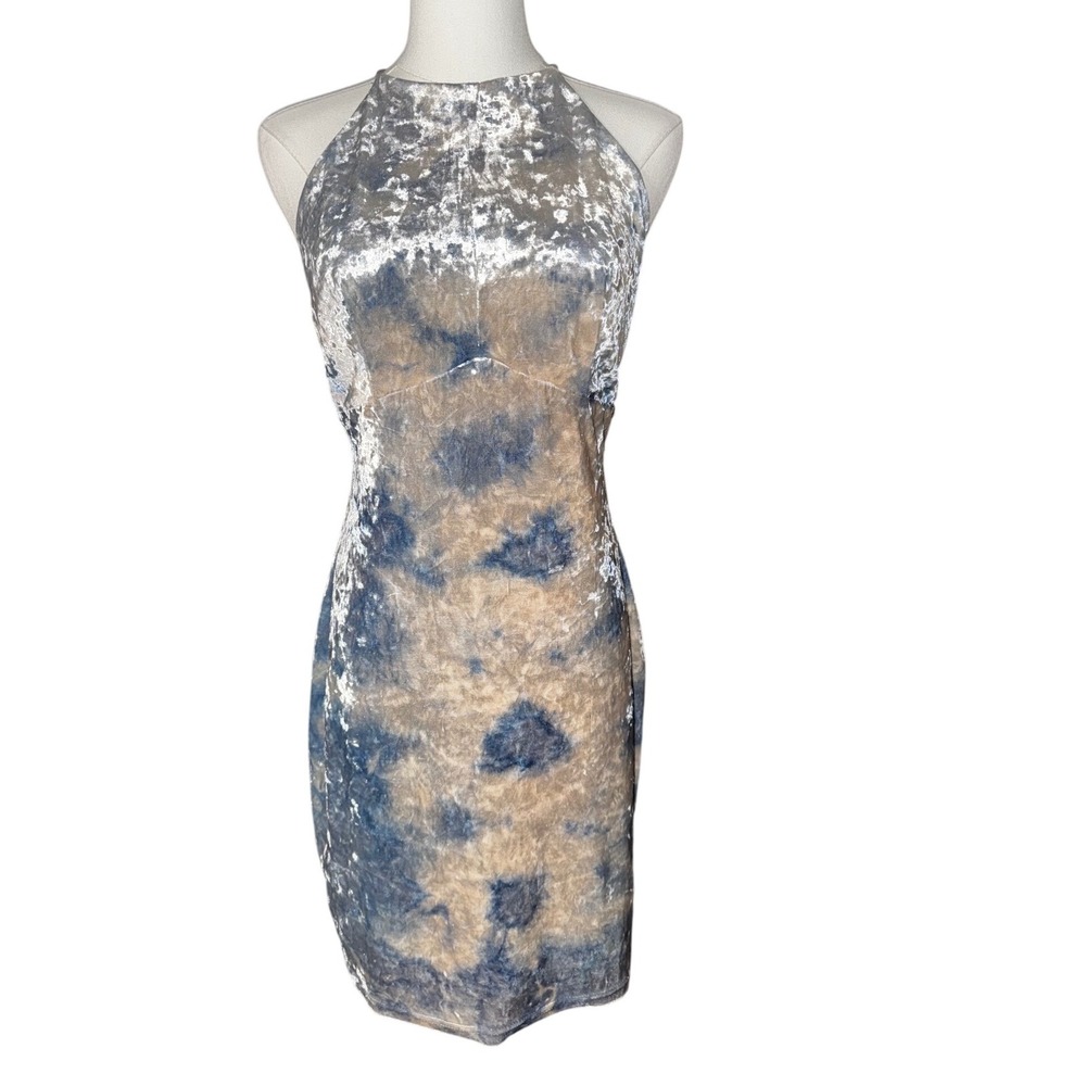 Aakaa Womens Blue Tie Dye Crushed Velvet Halter Open Back Bodycon Dress Large